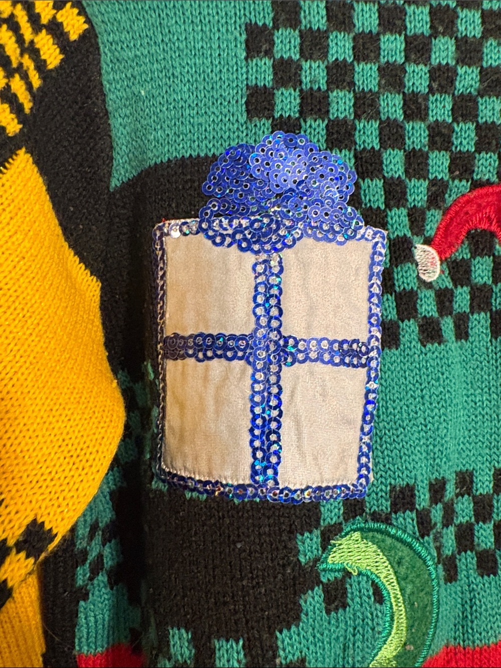 Ugly Christmas Dino Patch Multicolor Checker Sweater - Picture 5 of 11